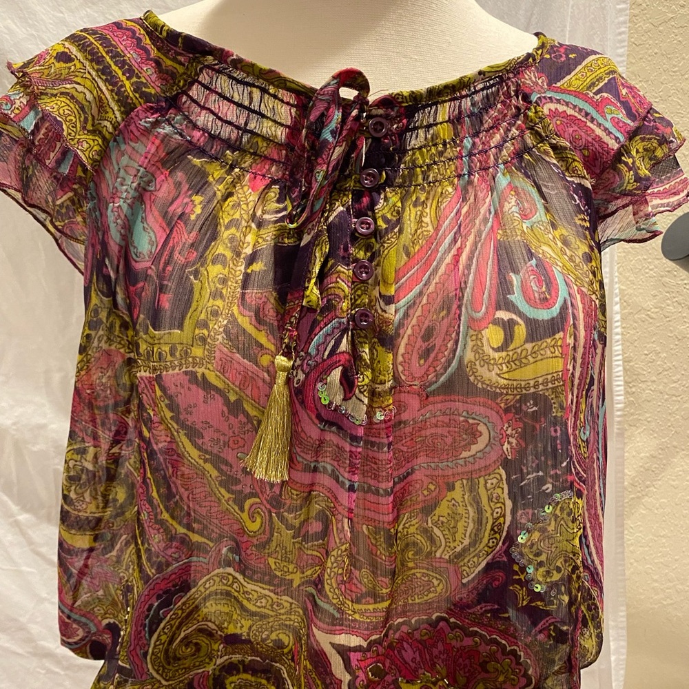 Colorful sheer top.